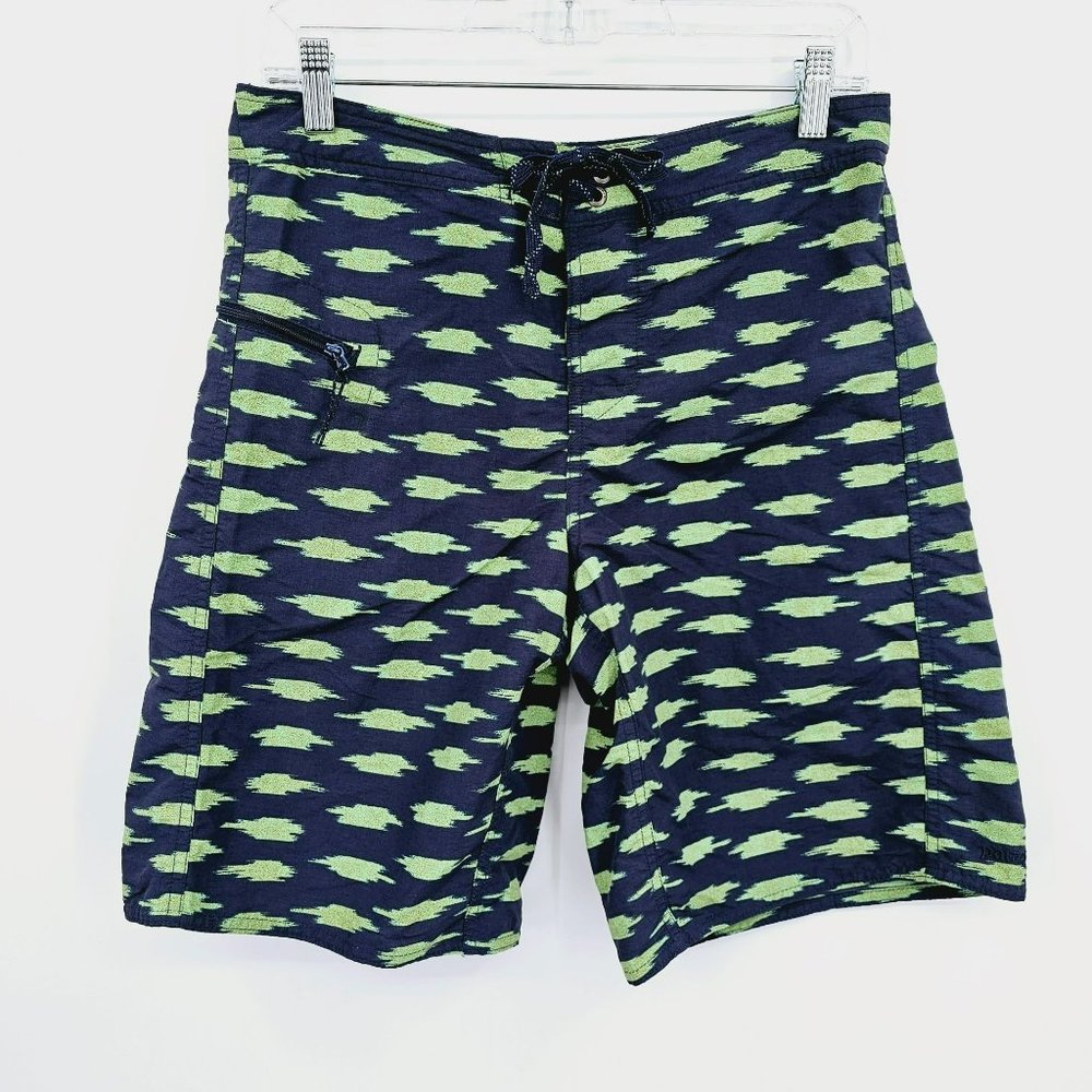 Patagonia Wavefarer Swim Trunk Board Short 30 Blue Green Button Tie Waist Pocket